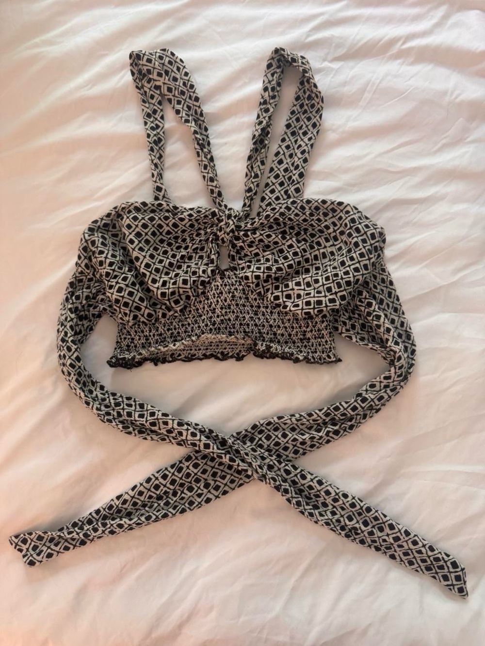 Urban Outfitters black and white smocked tie back crop top- Size M